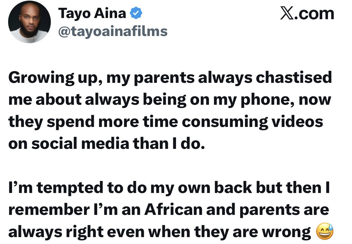 instablog9ja's tweet photo. I used to get scolded for being on my phone growing up, and now my parents spend more time on social media than I do — YouTuber Tayo Aina. https://t.co/4JugoLFKrK