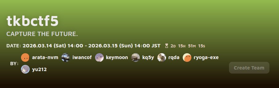 tkbctf's tweet photo. Registration is opened!
https://t.co/G8hyDkHiVW
#tkbctf5 https://t.co/H8sqZLCsfB
