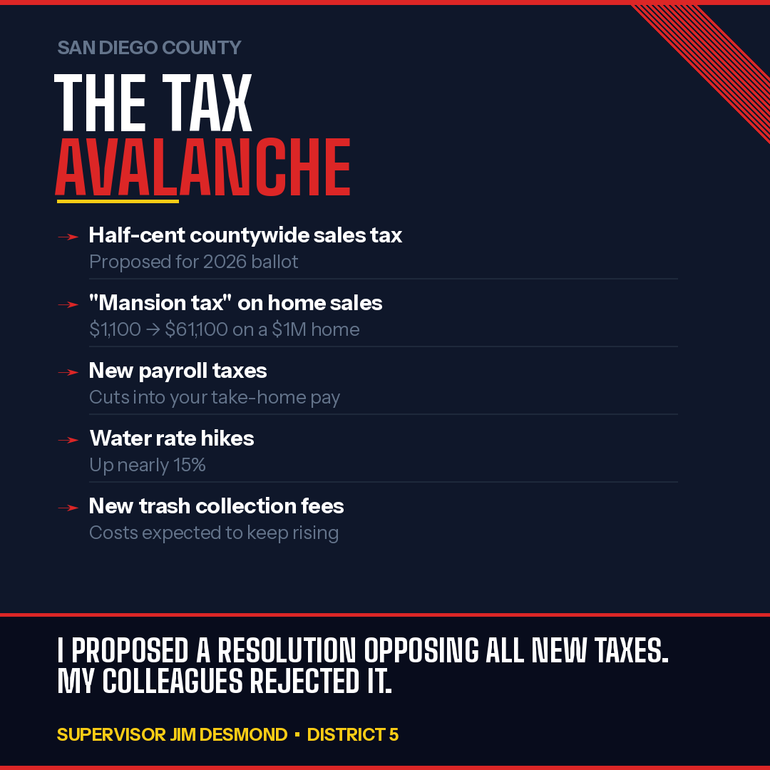 They want to tax your home. Tax your paycheck. Tax what you buy. Hike your water bill. Raise your trash fees. And when I proposed a resolution to stop it? The Board of Supervisors said no. San Diego doesn't have a revenue problem — it has a spending problem.