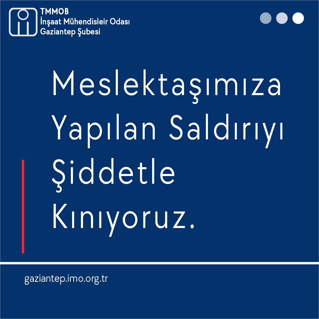 ImoGaziantep's tweet photo. İnşaat Mühendisleri Odası Gaziantep Şubemize kayıtlı meslektaşımız Abdulkadir Korkmaz, şantiye şefi olarak görev yaptığı firmada müteahhit firma sahibi tarafından silahlı saldırıya uğramıştır.
Detay:👇👇
https://t.co/QxNncdBvxp
@mzbulut https://t.co/yZej7pLc9W