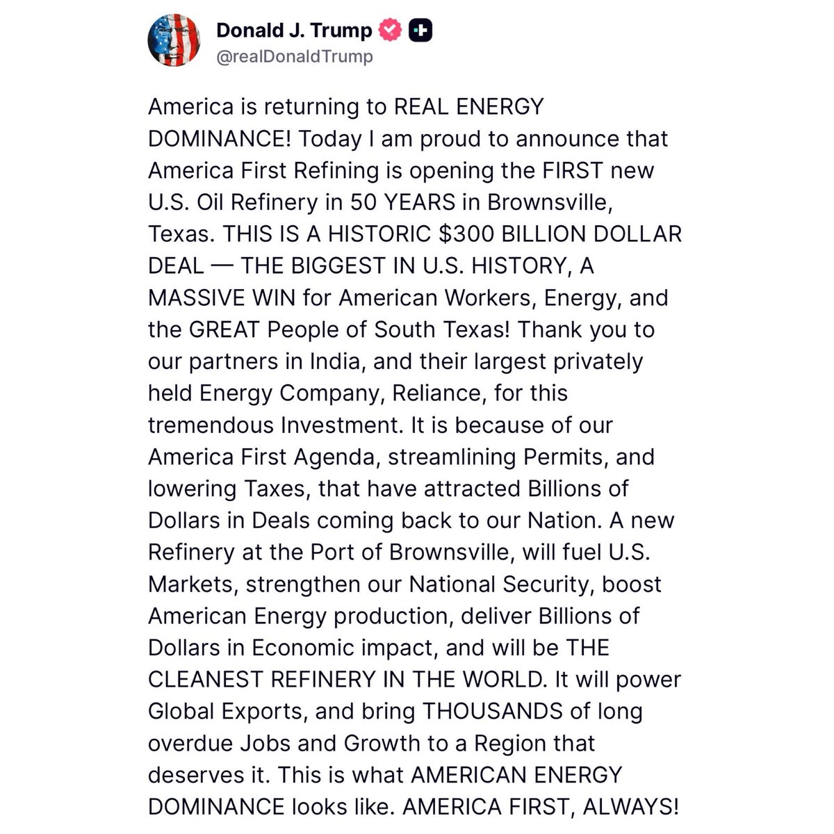 This is huge!

America just built its first new oil refinery in 50 years.

You know what that means for Rhode Island?

Lower gas prices at the pump in Warwick.

Lower heating bills in Cranston.

Lower cost of everything that gets delivered to this great state.

This is what