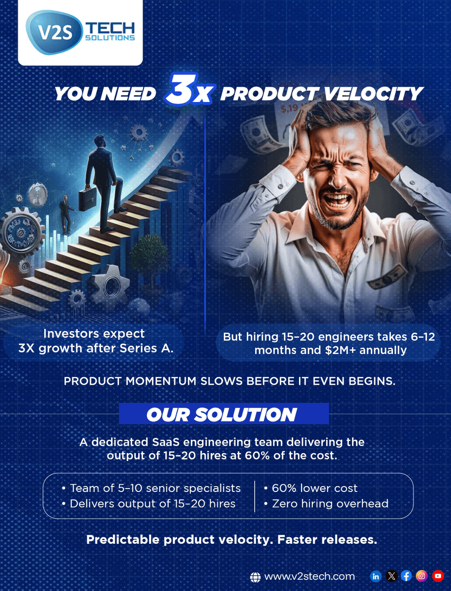 V2STech's tweet photo. After raising funding, the real challenge isn’t vision — it’s execution speed. 

Smart founders focus on growth while the right engineering partner keeps the product roadmap moving.

Is your product ready to scale? https://t.co/lLD2TOQyX1

#SaaSFounders #StartupGrowth #V2STech https://t.co/njkDvVn7fn