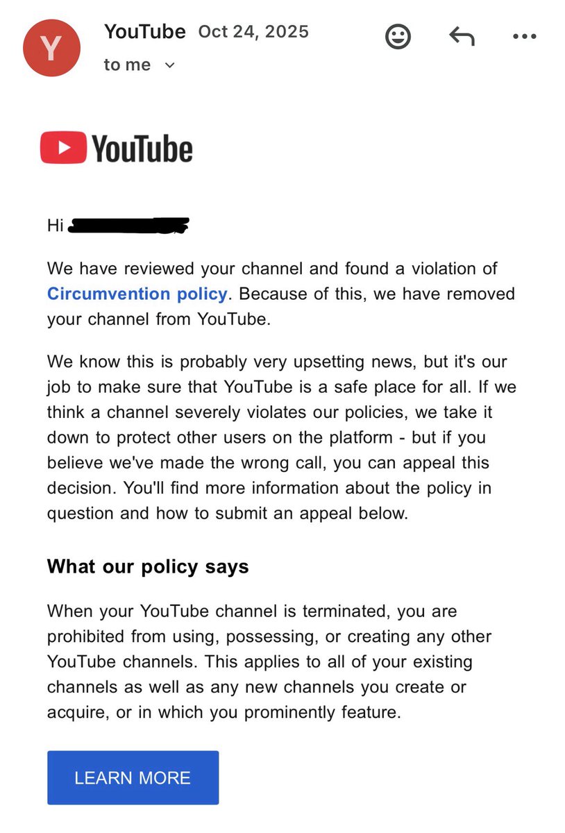NobodyF_Cares's tweet photo. Dear @TeamYouTube 

My channel was removed since last October for circumvention without warning. My appeals were all auto rejected since then as well. Would appreciate if I could get a proper human review for my case thanks! https://t.co/v92SK5ei7L