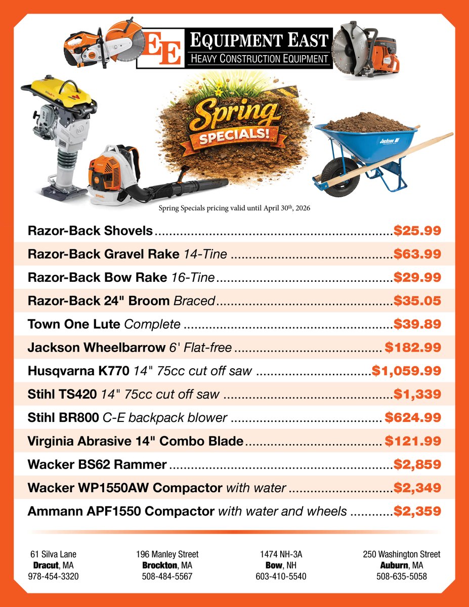 EquipEast's tweet image. March 11 is #NationalWorshipOfToolsDay. 🔧

Celebrate with #EquipmentEast Spring Specials.

Shovels $25.99
Wheelbarrows $182.99
Cut-off saws from $1,059.99
Rammers $2,859
Roller deals:
#Ammann ARX 10.1 $20,590
#Dynapac CC900G $21,990

MA: Dracut, Brockton, Auburn 
NH: Bow
