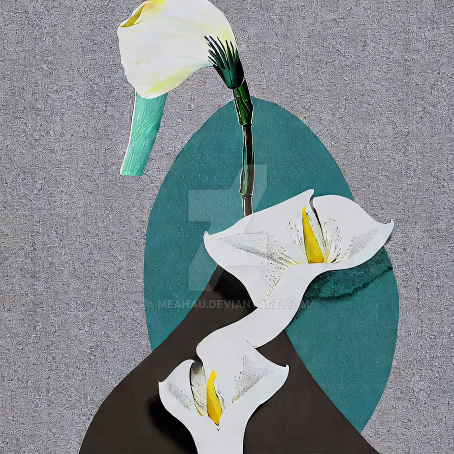 meahauart's tweet image. A sophisticated mixed-media #composition featuring three pristine white #calla lilies arranged with architectural precision against a textured gray backdrop 🌿✨. The top lily reaches upward with its pale #yellowlambo  spadix and green stem, while two others #cascade gracefully