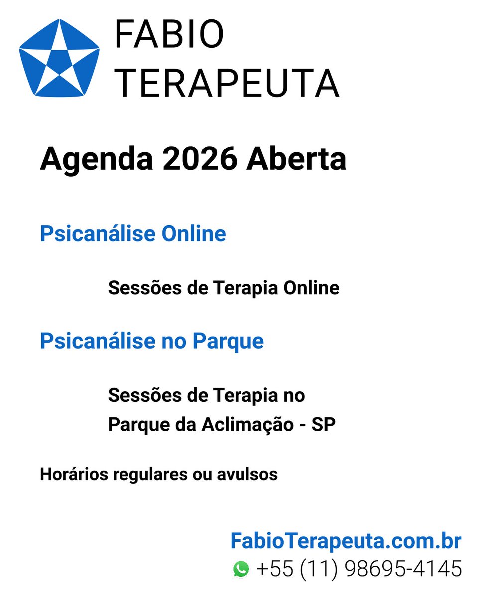 fabiomocci's tweet photo. Agenda 2026 Aberta

https://t.co/G5DgOHY5jK

Psicanálise Online: Sessões de Terapia Online.

Psicanálise no Parque da Aclimação em São Paulo: Sessões de Terapia no Parque.

Mais de 19 anos de experiência, clientes em todo Brasil e em diversos países

Horários regulares e avulsos. https://t.co/1oyxspwTKJ
