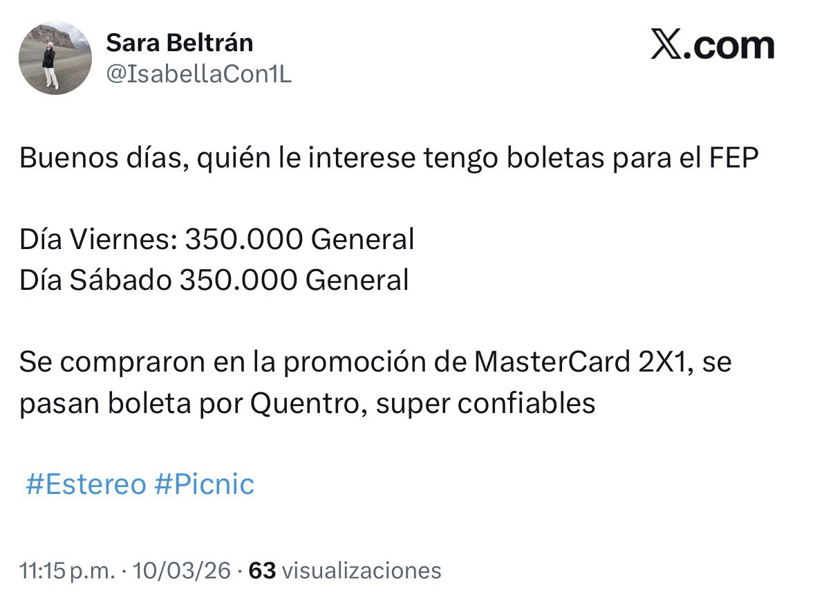 EstafaBoletas's tweet photo. Buenos días, no sean tan bobitos, nadie les va a vender boletas para el FEP a este precio.

Ojo con esta rata y todos los perfiles que manejan, no más revísenle los cambios de nombre. Y así con todos.

‼️⚠️‼️⚠️‼️

#estafa #boleta #fep #viernes #sabado #vendo #estereo #picnic https://t.co/3CMZDdNzwQ