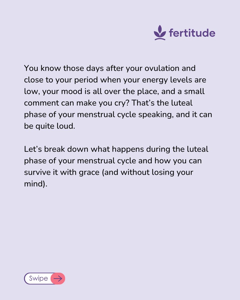 fertitude's tweet photo. The luteal phase is so dynamic😂

One week you're fine, the next week you're crying over a commercial and can't get out of bed😩

If this sounds like you, you're not alone, and there are ways to make it easier💜 Swipe for the survival guide. 

#fertitude   #reproductivehealth https://t.co/JFJnG3fEDt