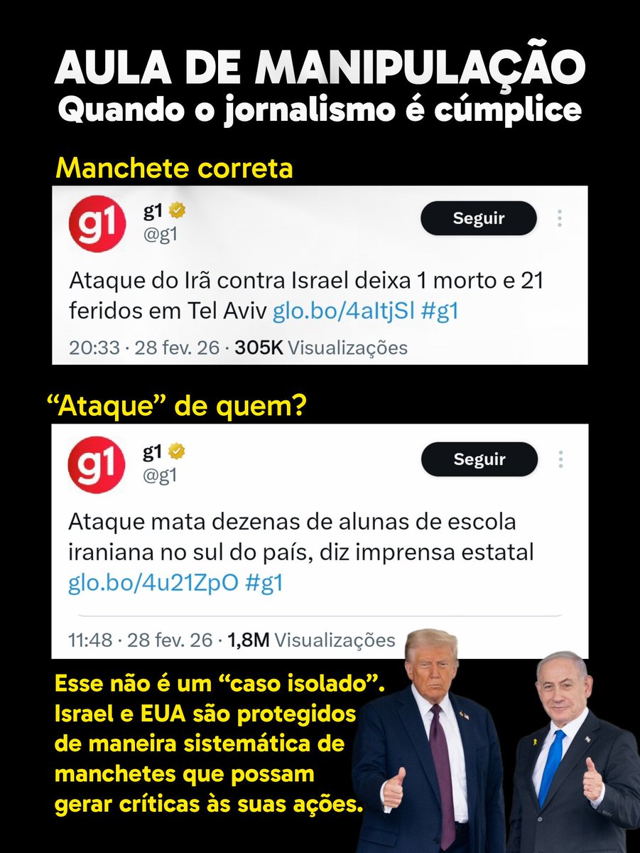 <a href="/g1/">g1</a> O ataque foi dos Cavaleiros do Zodíaco? Por que vocês não conseguem nomear a porra dos países que promoveram o ataque, caralho?! É tanto dinheiro assim do lobby de Israel e dos Estados Unidos pra vocês OMITIREM, CENSURA TEM E ESCONDEREM SISTEMÁTICAMENTE os crimes destes países?!