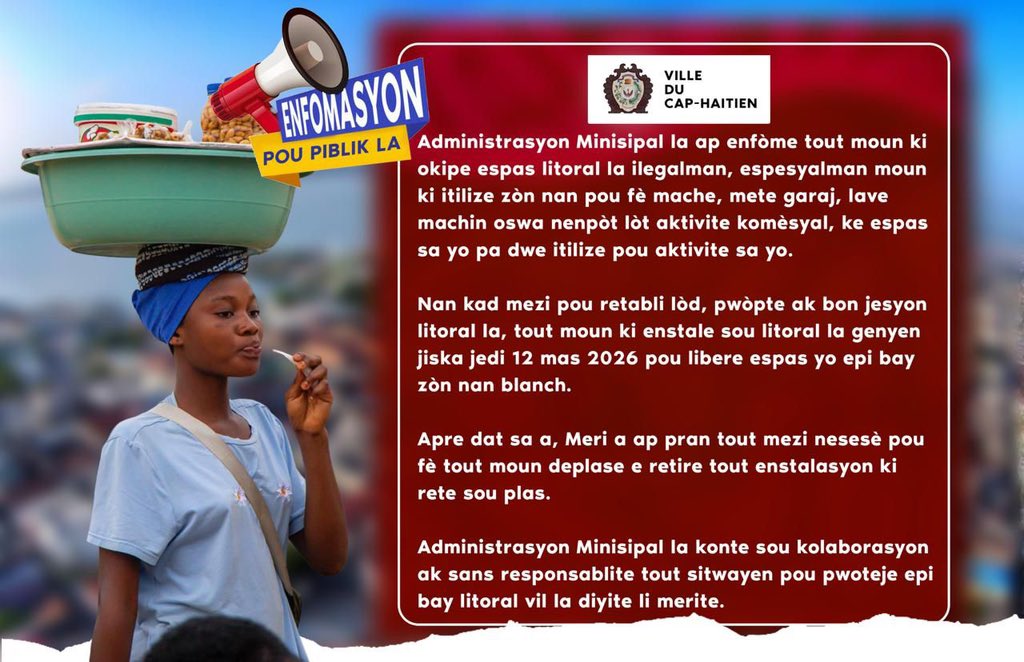 patrickalmonor1's tweet photo. Tout moun ki okipe litoral vil la san otorizasyon, nou gen jiska 12 mas 2026 pou libere zòn lan. Espas sila pa fèt ni pou mache, ni pou garaj, alewè pou lave machin. Li se yon richès natirèl e kolektif. Li merite tout respè li. https://t.co/z8YwMaMihZ