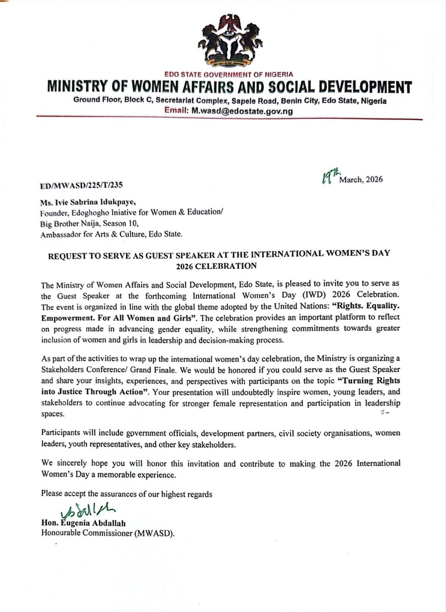 Honoured to be invited as a Guest Speaker at the Grand Finale of the International Women’s Day programme hosted by the Edo State Ministry of Women Affairs and Social Development.

Speaking under the UN theme: Rights. Justice. Action. For all women and girls.
Grateful to lend my