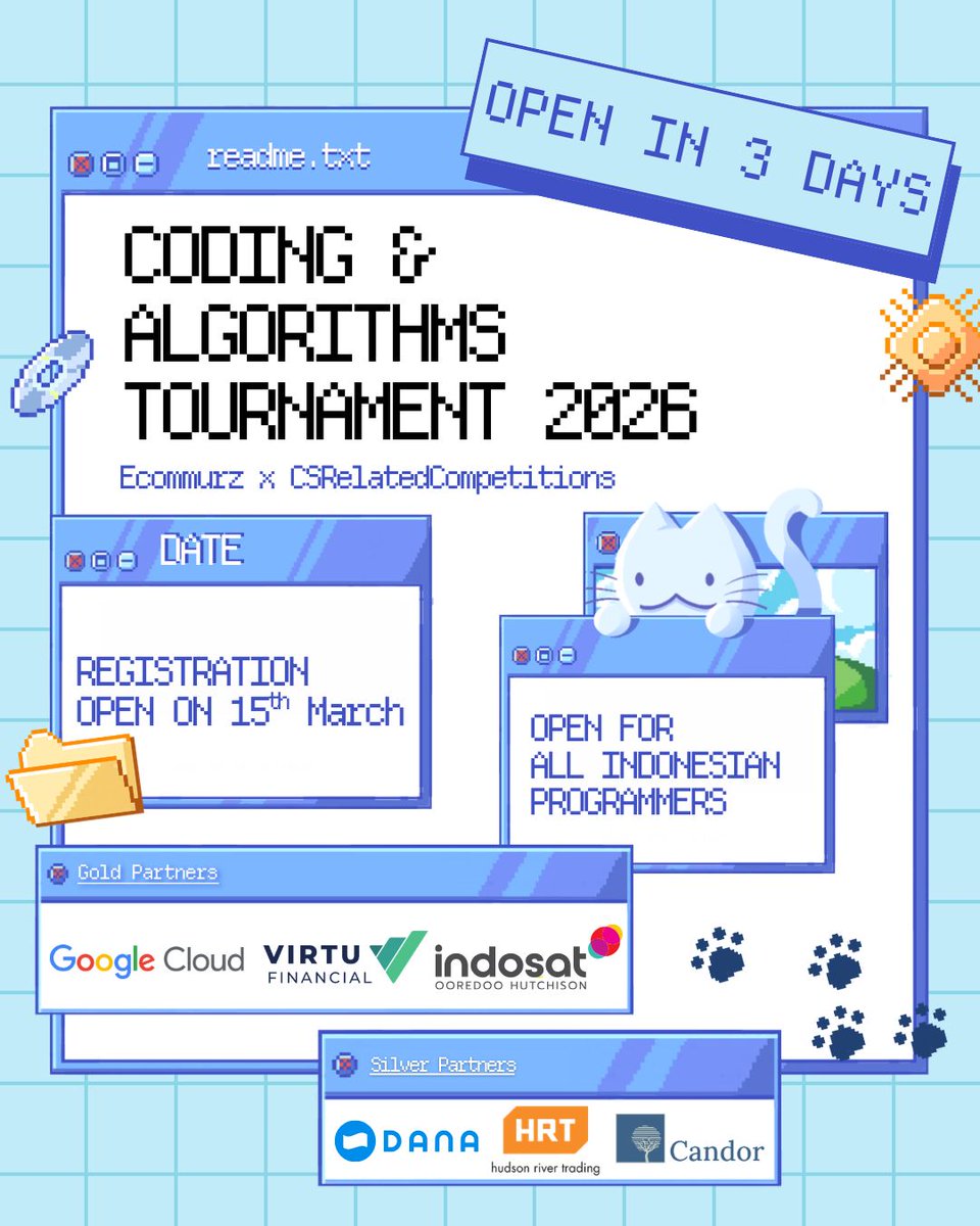 ecommurz's tweet image. 🚨 COMING SOON: NATIONWIDE Competitive Programming competition by Ecommurz &amp;amp; friends behind ICPC, IOI, Google Code Jam &amp;amp; Meta Hacker Cup ✊️😼

⚠️ Open regis 15th March! ⚠️

Backed by Google Cloud, Virtu Financial, Indosat Ooredoo Hutchison, DANA, Hudson River Trading &amp;amp; Candor