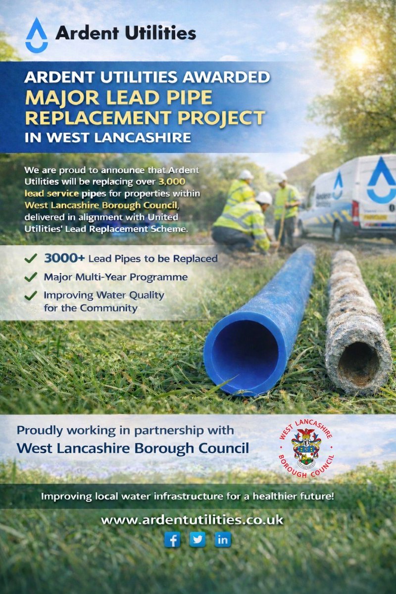 ArdentUtilities's tweet photo. Lead pipe replacement is vital for improving water quality and protecting local families. Work has now started in West Lancashire, where our team is delivering long-lasting improvements with quality, care and a strong commitment to the community. 💧
#WestLancashire #LeadPipes https://t.co/cr7FePmrok