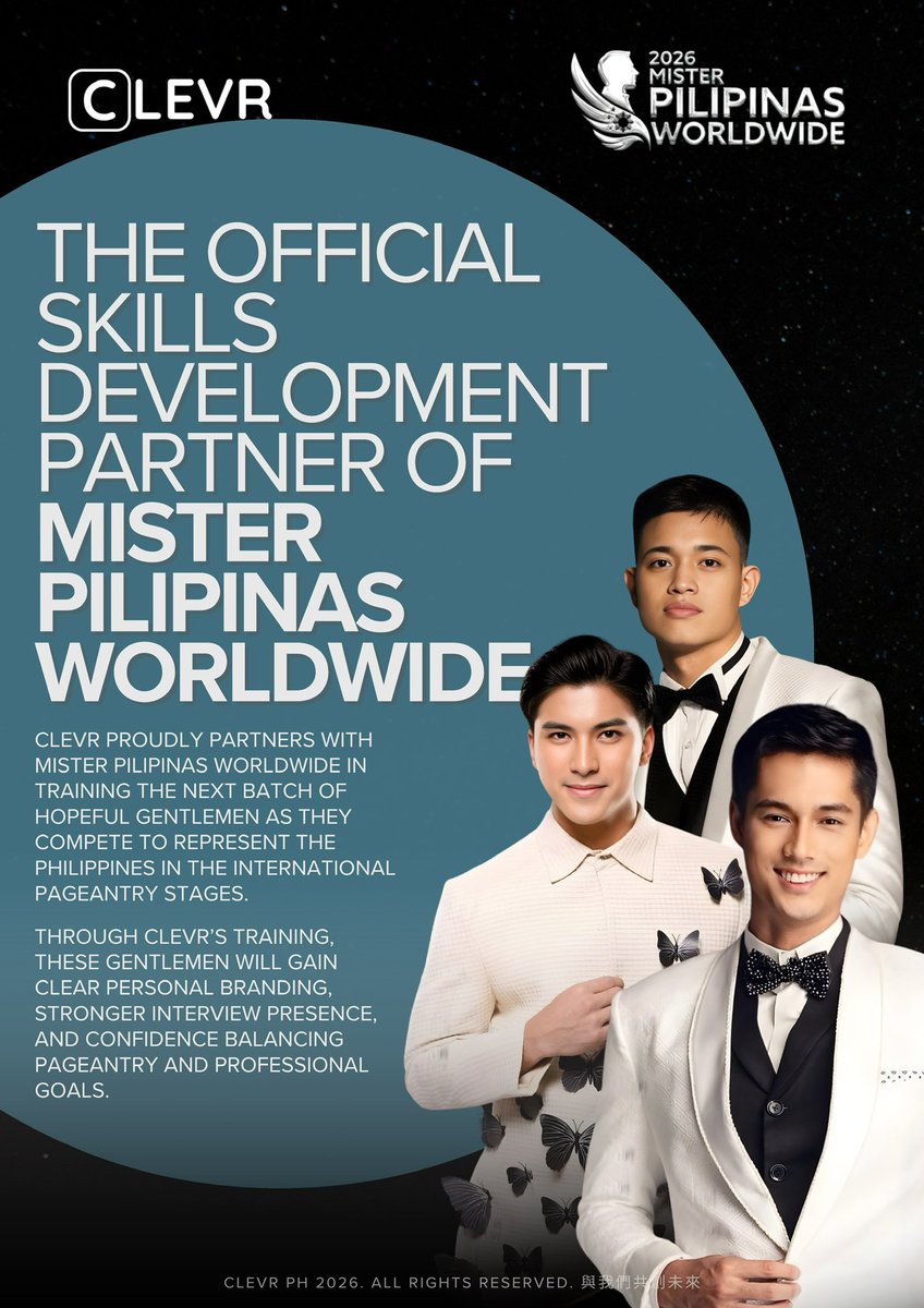ClevrPH's tweet photo. Mister Pilipinas Worldwide (MPW) has officially partnered with CLEVR PH, designating us as the “Official Skills Development Partner” for this year’s pageant season.

#CYourFuture #MisterPilipinasWorldwide https://t.co/QZ7Y7Y8sUX