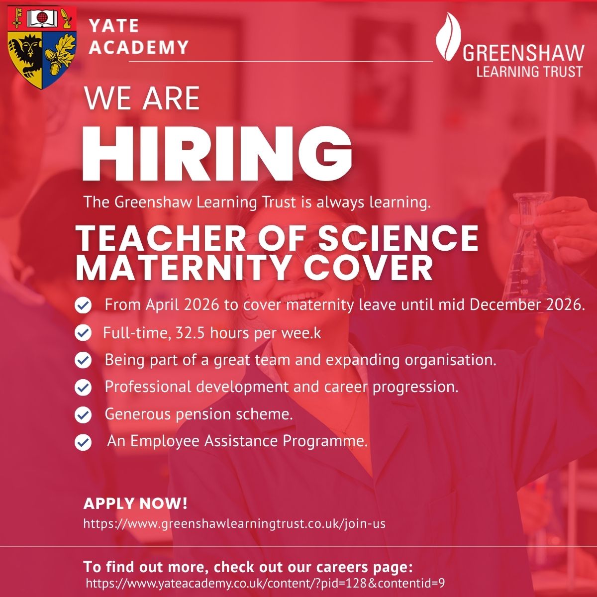 gltrecruitment's tweet image. We are recruiting for two exciting opportunities at Yate Academy, part of the @GreenshawTrust🍃

Join our friendly, supportive team and be part of a growing organisation.🌟

Apply now and help make a difference in education.

#recruiting #TeachingJobs #SchoolJobs #Education #Yate