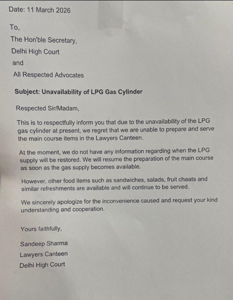VTankha's tweet image. Notice to lawyers practising in Delhi High Court &amp;amp; using canteen facilities, that due to non availability of LPG cylinder, main courses will not be served. USA &amp;amp; Isreal virtually holding the world hostage. #LPGShortage #DelhiHighCourt