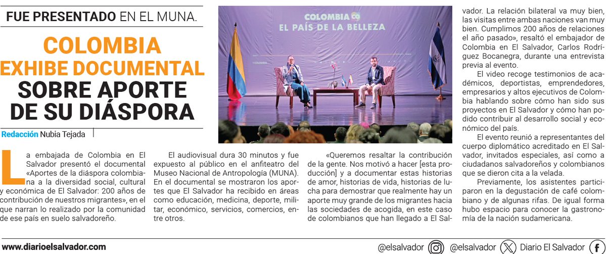 📰 El diario <a href="/elsalvador/">Diario El Salvador</a> destacó la presentación de nuestro documental exhibido en el Anfiteatro (MUNA).
Un reconocimiento que refleja el valor de las historias de vida, esfuerzo y contribución de los colombianos que han hecho de El Salvador su hogar. 🇨🇴🤝🇸🇻 <a href="/ColombiaNosUne/">Colombia Nos Une</a>