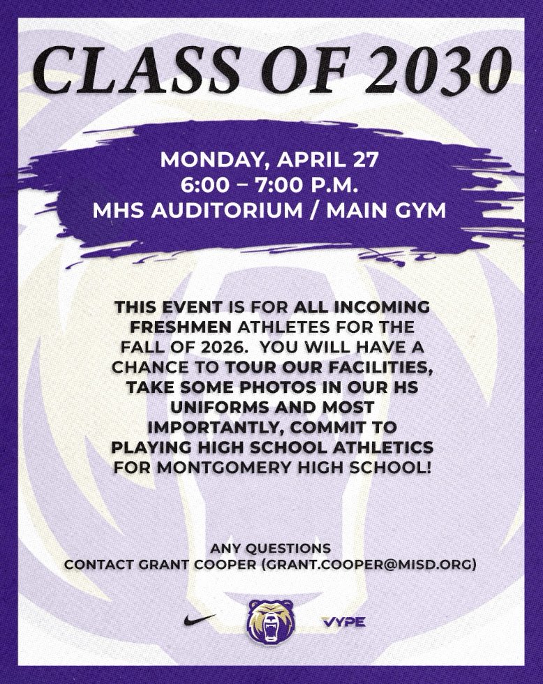 coachcooper_mhs's tweet photo. Mark your calendars! 

Rising Freshmen Night! 

📅: April 27th
⏰: 6-7 pm
📍 : @mhs_bears 
👦: Incoming Freshmen from @mjhsbears (Class of 2030)

@hoops_mhs 
@mhsbearstrack 
@lady_bearsoccer 
@MHSBearBoysTF https://t.co/ifMAZGGDo3