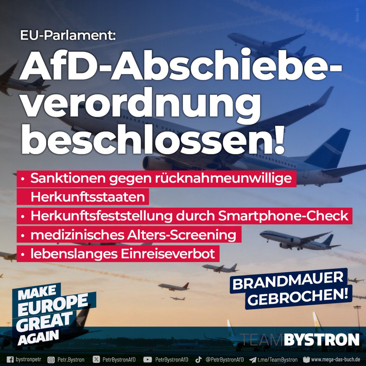 AfD schreibt Geschichte: EU-Remigrations-Verordnung kommt!

Herkunftsländer aufgepasst: Wer seine Illegalen nicht zurücknimmt, sanktioniert. 

Asyl-Altersbetrug abgeschafft: Medizinische Überprüfungen beenden die Mär der "Minderjährigen". 

Pass verbrannt? – Herkunft trotzdem