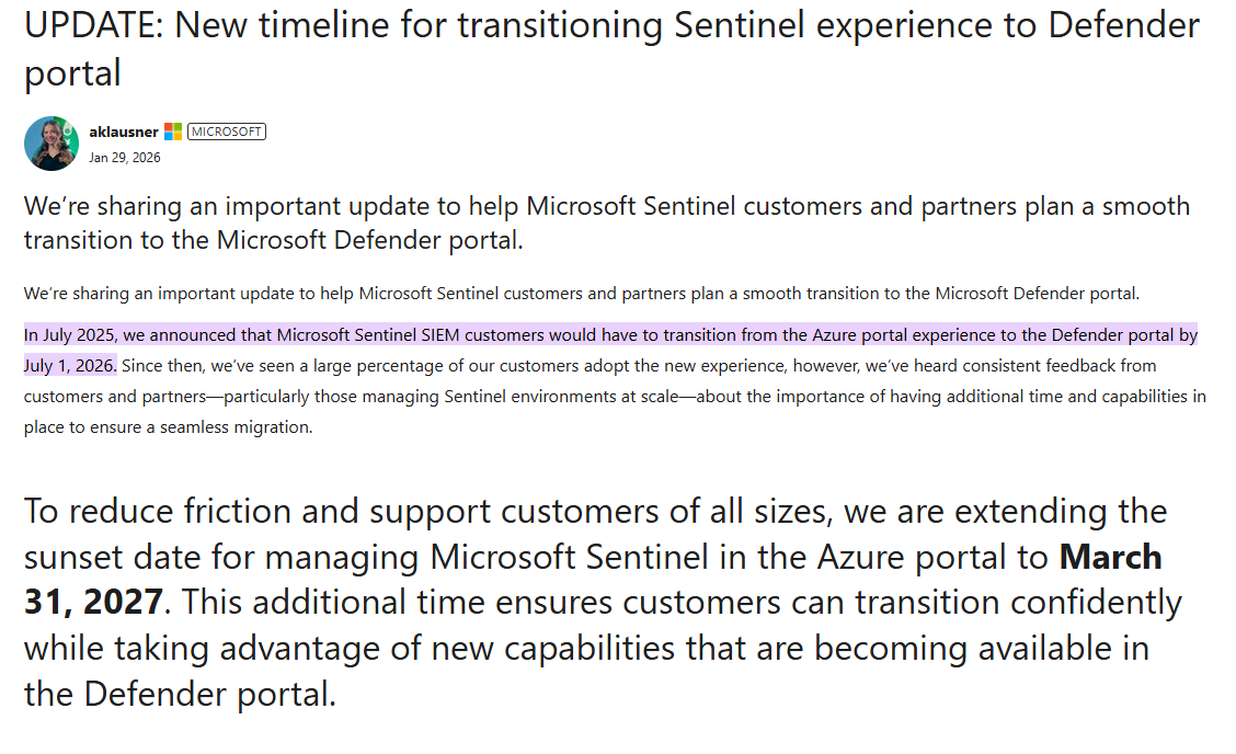 third movement of deadline? Azure portal sentinel will be deactivated March 31st 2027