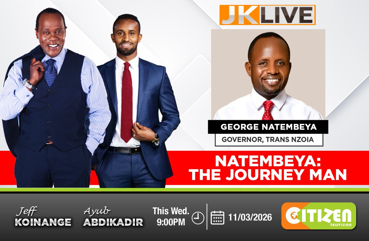 citizentvkenya's tweet image. Natembeya: The journey man

Tonight on #JKLive, @KoinangeJeff and @AyubAbdikadir host Trans Nzoia Governor George Natembeya. Tune in from 9PM.
