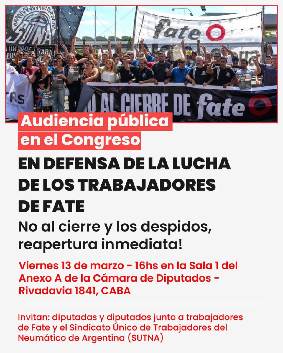 El viernes a las 16hs organizamos junto al SUTNA y los trabajadores de FATE una audiencia pública en el Congreso. Luego del revés que sufrió Madanes en la justicia, que declaró ilegal la orden de desalojo, hay que seguir profundizando la lucha.