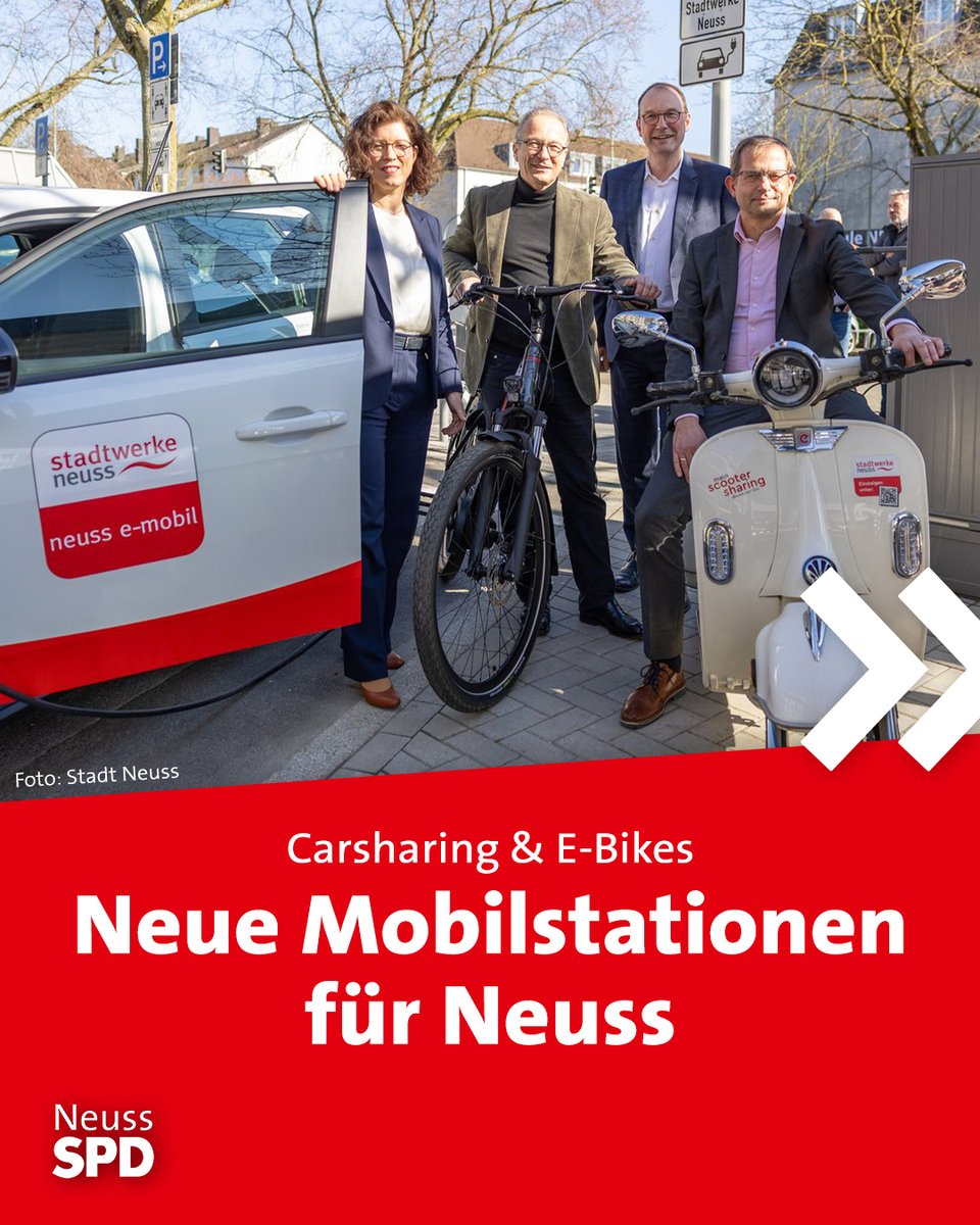 spdneuss's tweet photo. Die Stadtwerke🚏haben fünf neue Mobilstationen in der Nordstadt und den Bahnhöfen🚉 in Norf und Allerheiligen eröffnet. Dort können über die App 🤳 „neuss e-mobil“ Autos 🚗, Fahrräder 🚲 und Roller 🛵 ausgeliehen werden. Mehr zum Thema findest Du hier ℹ️: https://t.co/pKra3H70PT https://t.co/QDHNqpWKkW