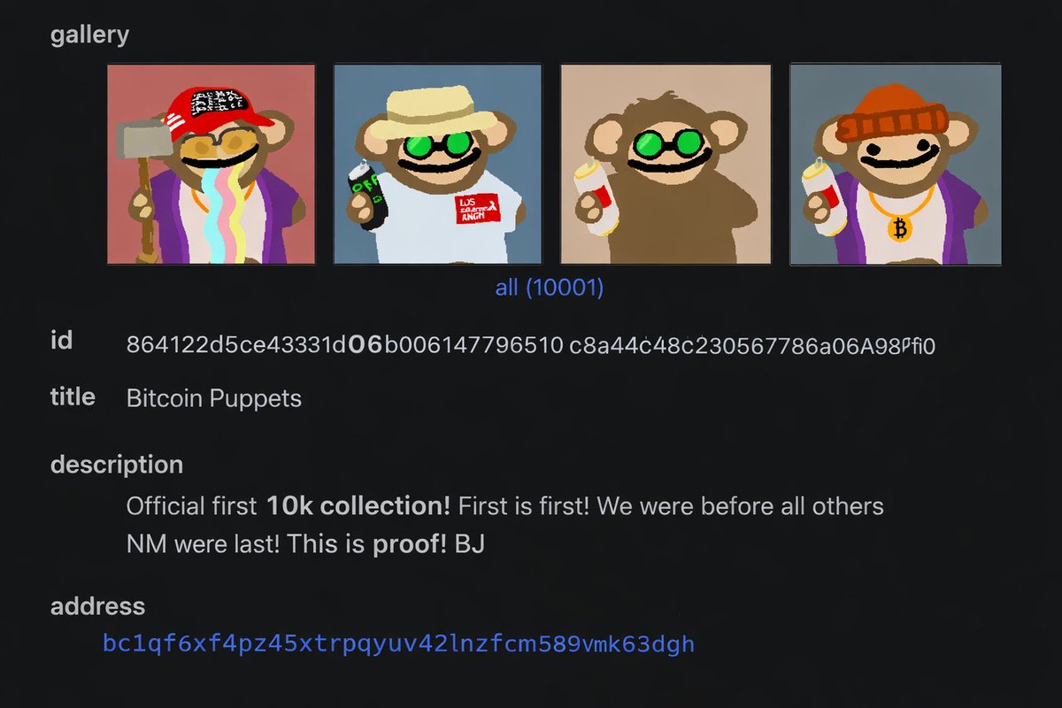 Breaking:

<a href="/BitcoinPuppets/">Bitcoin Puppets Community</a> is officially the first 10k+1 collection.

Bonjour.