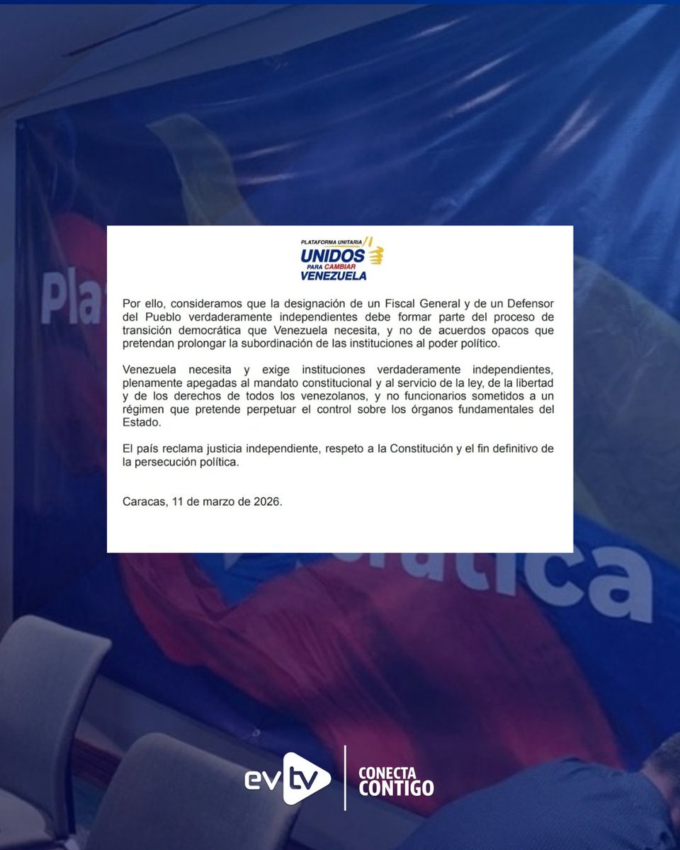 🚨 Plataforma Unitaria denuncia pacto del régimen chavista para repartirse el Poder Ciudadano

🇻🇪 La Plataforma Unitaria Democrática alertó sobre un "pacto opaco" entre el régimen chavista y sus aliados para designar al nuevo Fiscal General y al Defensor del Pueblo. La coalición