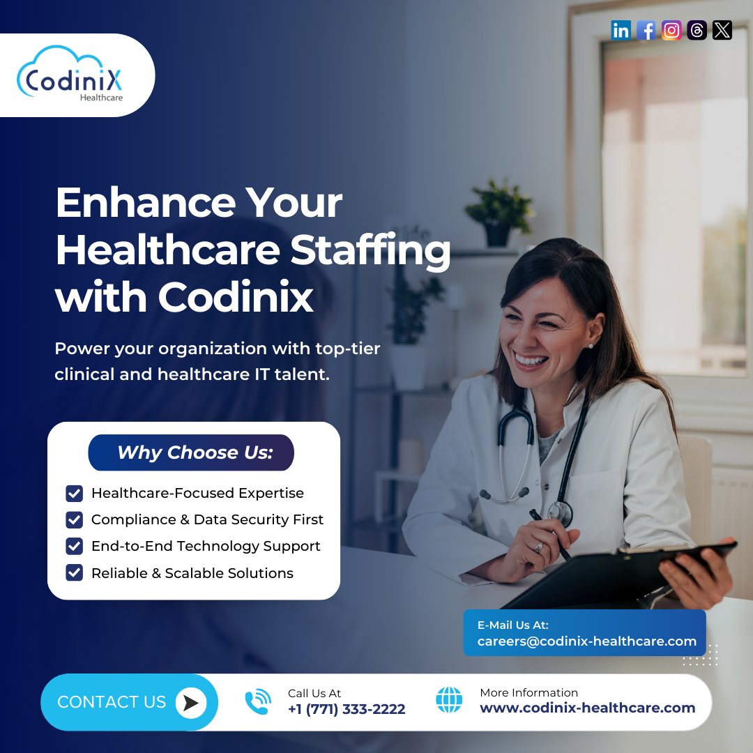 codinixhealth's tweet photo. Enhance Your Healthcare Staffing with Codinix Healthcare

Find the right healthcare professionals quickly with reliable staffing support from Codinix Healthcare.

📞 +1 (771) 333-2222
✉️ info@codinix-healthcare.com
🌐 https://t.co/zq9Cmh15c5

#healthcarestaffing #staffingsolution https://t.co/3HEC4wBes1
