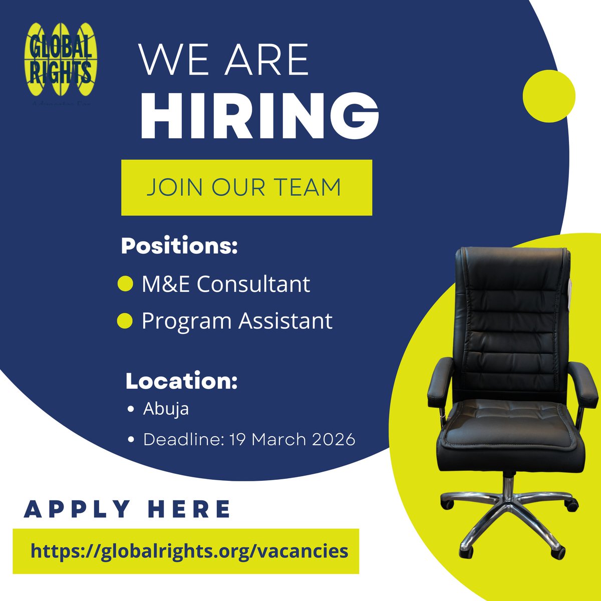Globalrightsng's tweet photo. Global Rights is looking for dedicated professionals to join our Abuja office.
Open roles:
• M&amp;E Consultant
• Program Assistant

If you're passionate about advancing human rights &amp; social justice, we want to hear from you.

Deadline: 19 March 2026
Apply: https://t.co/dWfF2tkVZq https://t.co/OtAdLE9eUO