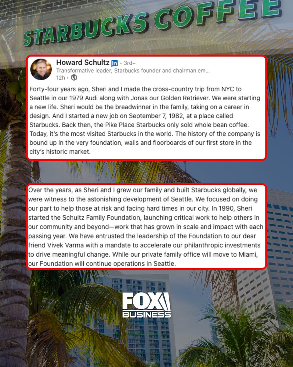 FoxNews's tweet image. FLEEING FOR FLORIDA: Starbucks founder Howard Schultz announces he’s leaving his longtime home of Seattle and moving to Florida, as Washington state Democrats slam business owners with a brand-new income tax.

The billionaire coffee mogul is ditching the Pacific Northwest after