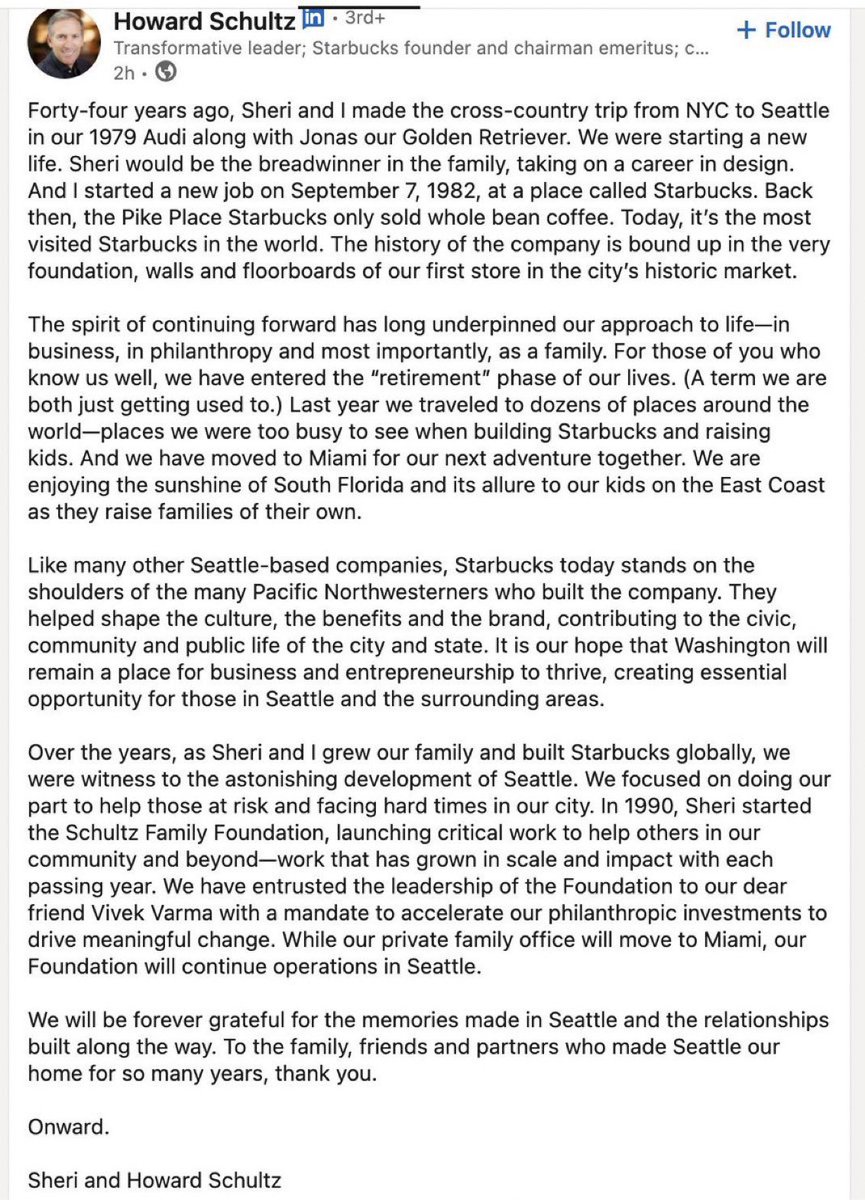 exec_sum's tweet image. BREAKING: Former Starbucks CEO Howard Schultz announced on LinkedIn that he is officially leaving Seattle and moving to Miami.

This comes on the same day the Washington state House passed a 9.9% “millionaires tax” on incomes over $1 million.