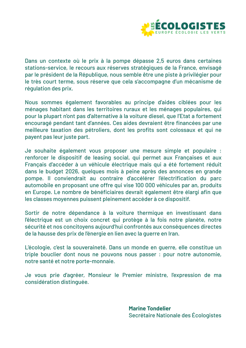 marinetondelier's tweet photo. Lettre ouverte au Premier ministre sur la crise au Moyen-Orient et la flambée des prix du carburant avant la réunion à Matignon avec l’ensemble des partis politiques.

⤵️ https://t.co/qKBWi9awiZ