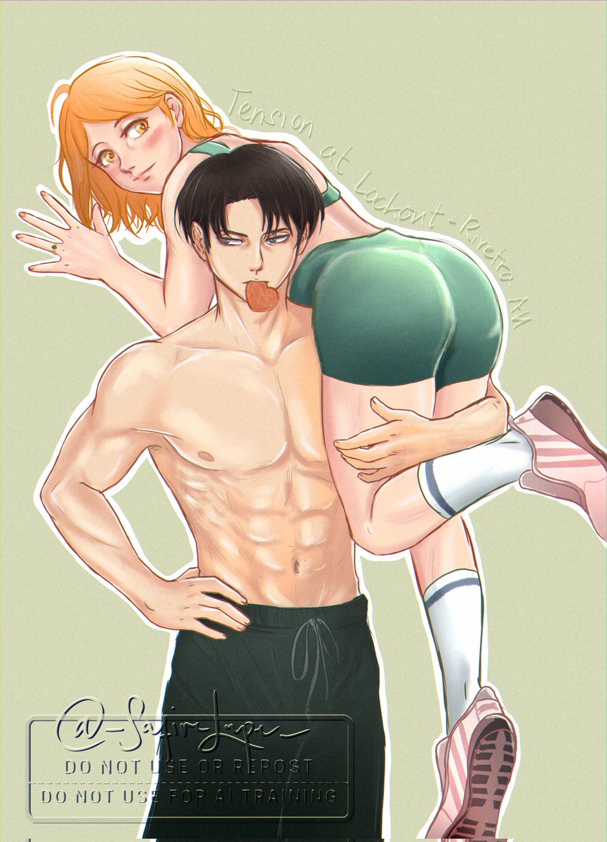 _SafireLupe_'s tweet photo. My first contribution for the #rivetrazine promotion is a fanart for my rivetra gym/powerlifters AU fic (In this original version, Levi's munching on some heart-shaped protein cookies baked by Petra 🧡💪)

If you haven't read "Tension at Lockout" (🔞🌶), what are you waiting for??
Also, if you want more #Rivetra, hit on that interest check link 😉! #leviackerman #petraral #進撃の巨人 #リヴァペト