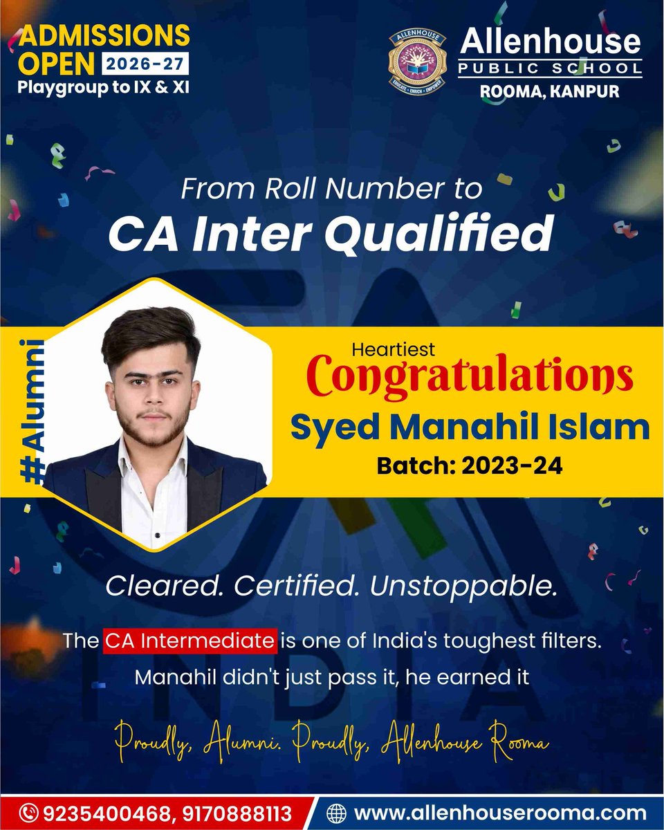 APSRooma's tweet photo. From the hallways of Allenhouse to the prestigious ranks of Chartered Accountancy. 🎓✨​We don’t just teach lessons; we build the foundation for greatness. Huge congratulations to our brilliant alumnus, Syed Manahil Islam, on qualifying the CA Intermediate
​#AllenhouseRoomaLegacy https://t.co/qax2VcCfll