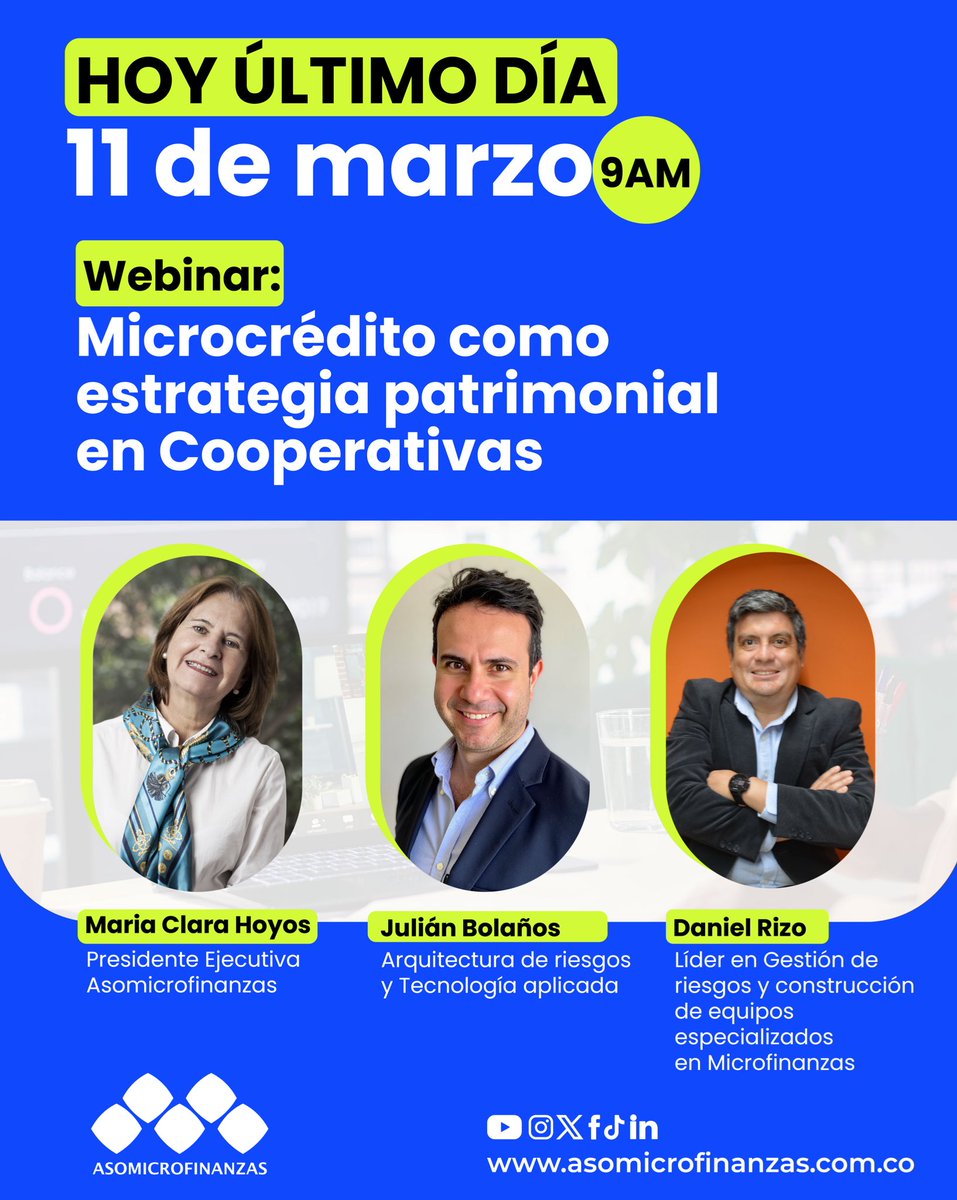 Hoy a las 9 a.m. continúa el webinar ‘Microcrédito como estrategia patrimonial en cooperativas’.
Una conversación sobre cómo implementarlo de forma sostenible, con arquitectura institucional, gobierno técnico y metodologías especializadas.

🔗 acortar.link/RpZceJ