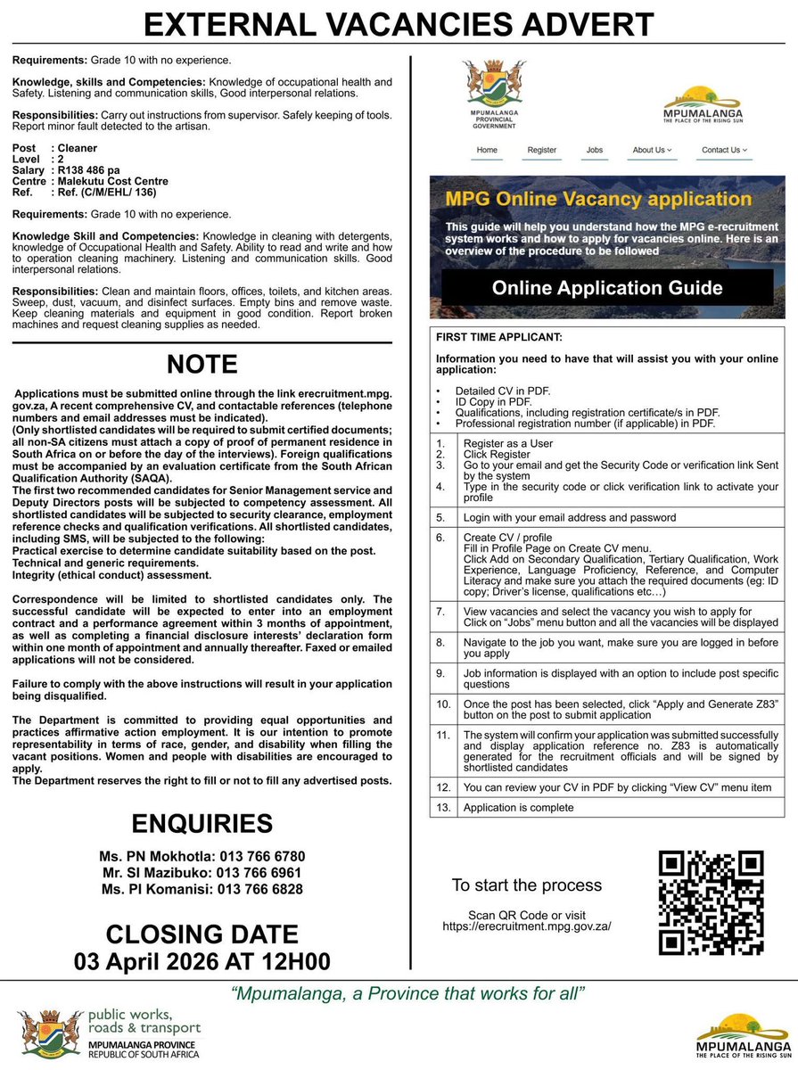 GCISMpumalanga's tweet image. The Mpumalanga Department of Public Works, Roads and Transport is currently seeking qualified applicants to fill available positions. #JobOpportunities #GovZAUpdates