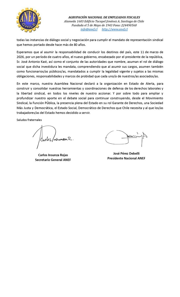 anefchile's tweet photo. 🔵COMUNICADO | ASAMBLEA NACIONAL EXTRAORDINARIA ANEF RATIFICA EL MANDATO Y COMPROMISO HISTÓRICO DE LA ANEF CON EL PUEBLO DE CHILE, Y EL ESTADO QUE GARANTICE SUS DERECHOS 

🧐Leer el comunicado en nuestra web: https://t.co/fQ1cD1u1Wd

#ANEF #AsambleaANEF #EmpleoPublico #Kast https://t.co/CpV2V8XDRH