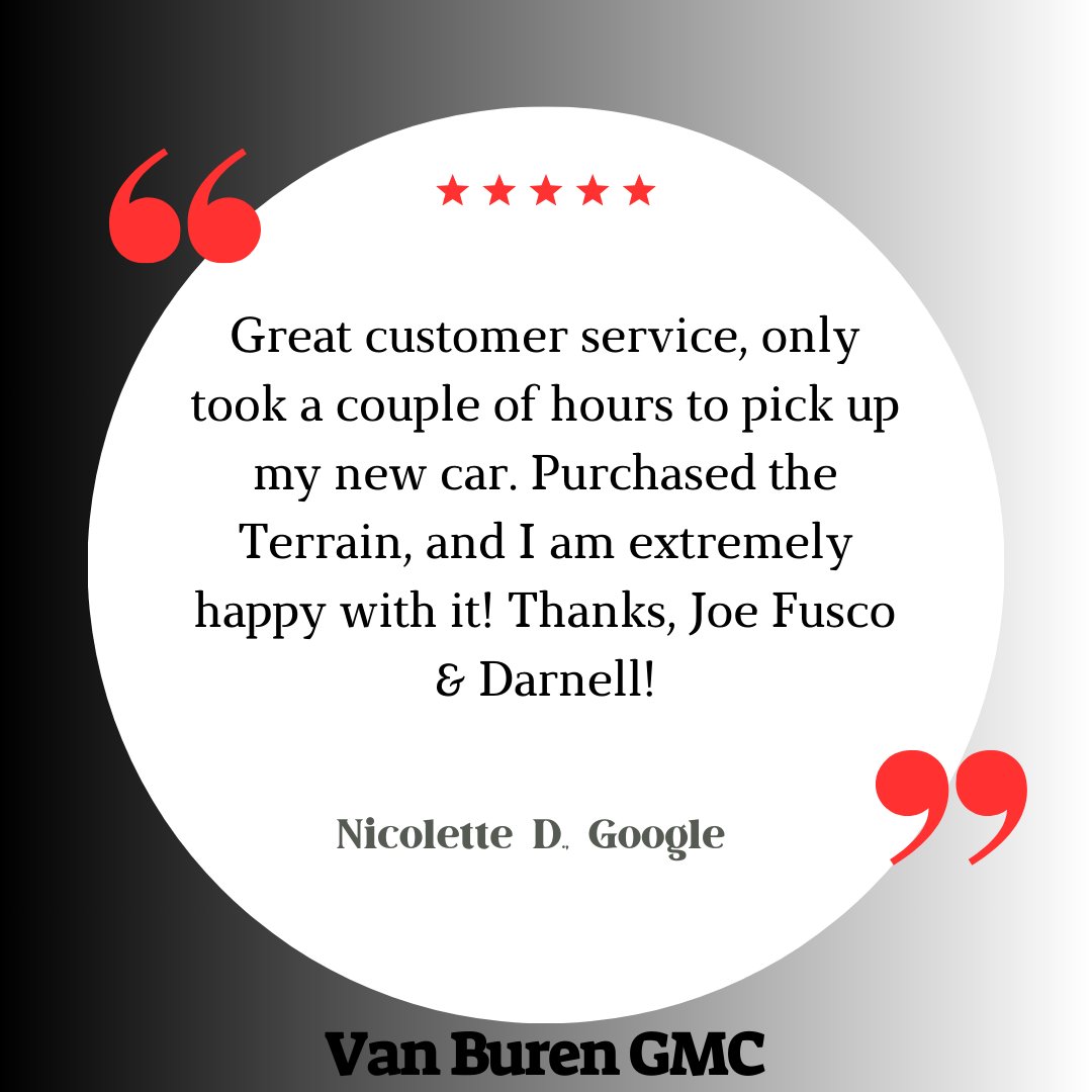 VanBurenAuto's tweet photo. Thank you, Nicolette! We’re thrilled you had a smooth experience and love your new Terrain. Joe Fusco and Darnell will be happy to hear your kind words! https://t.co/jz85LsUB8O
