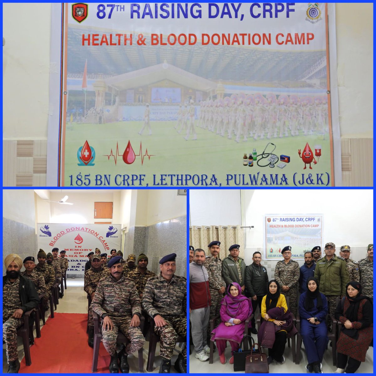 185Bncrpf's tweet photo. A Blood Donation Camp was organized by @185Bncrpf  Lethpora, Pulwama (J&amp;K) to commemorate 87th #crpfday in which volunteers of 185 Bn donated blood showcasing their dedication to national security and humanitarian service.
@crpfindia 
@igpnscrpf 
@KOSCRPF https://t.co/srkx5Xtyo6