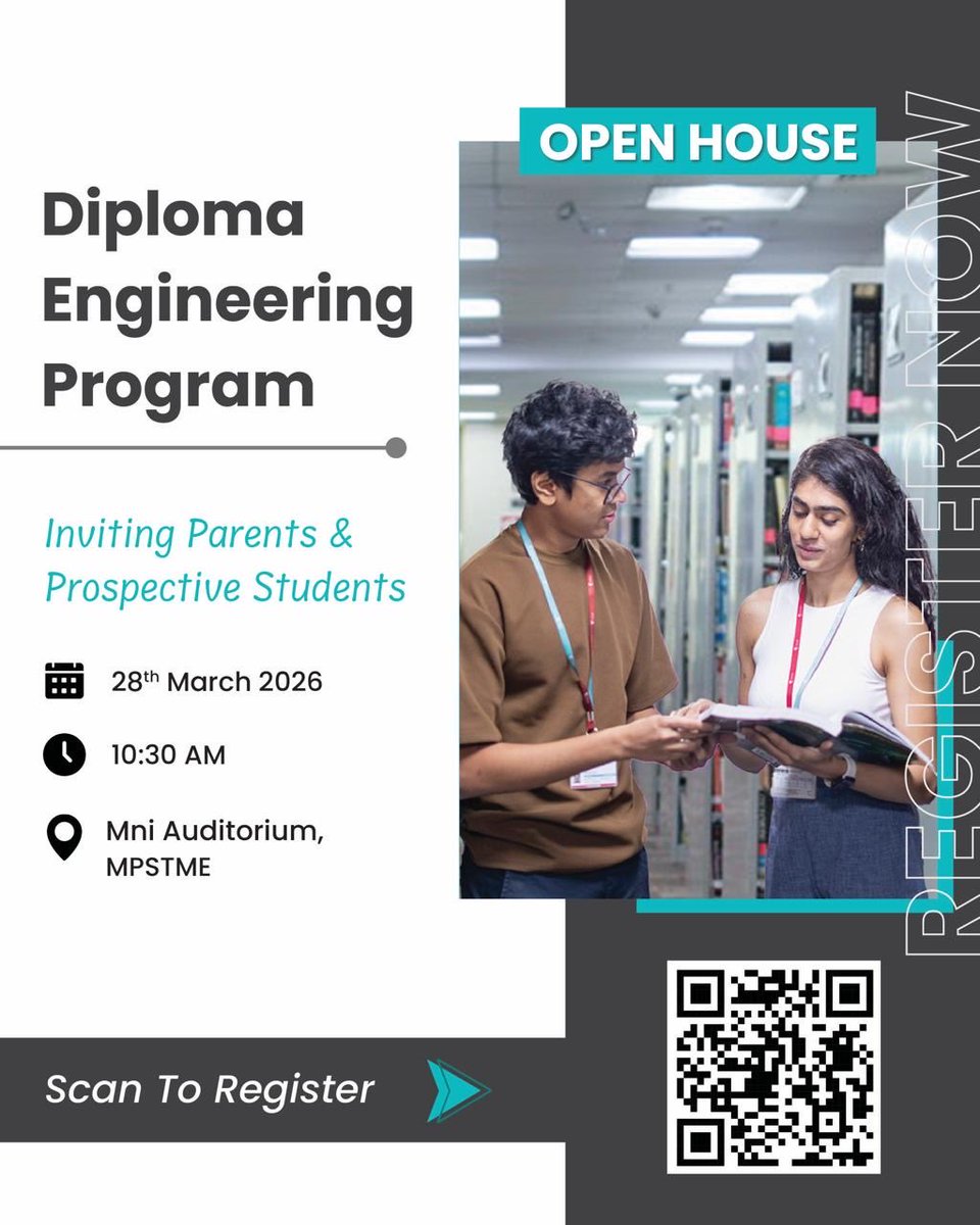 nmims_india's tweet photo. Finished 10th and considering engineering?
Join the Diploma Engineering Open House on March 28. Meet faculty, interact with students, explore industry-ready labs, and discover future opportunities.
Parents and aspirants are invited. Scan the QR to register.
#MPSTME https://t.co/btGmHkcjb0