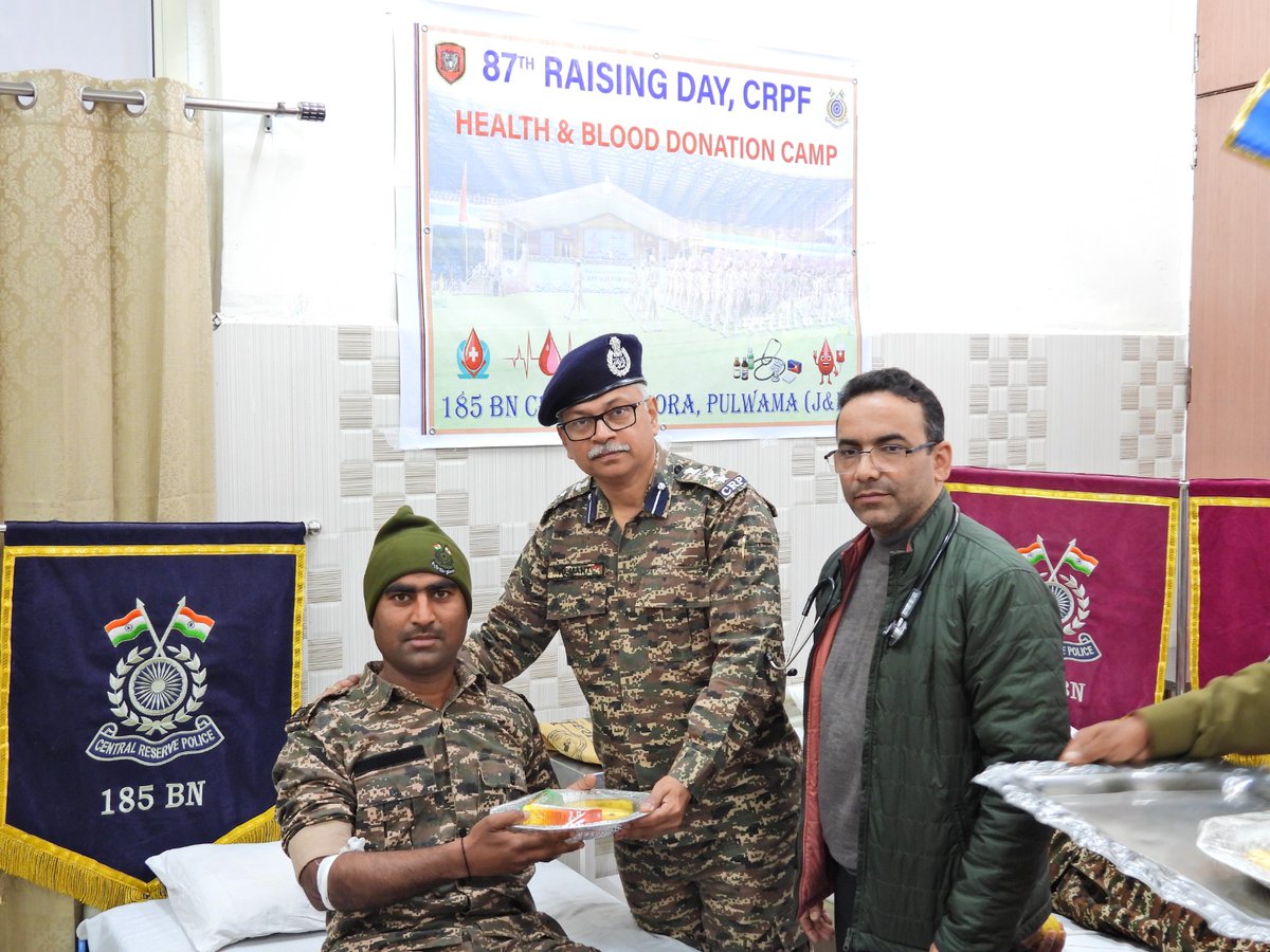 185Bncrpf's tweet photo. A Blood Donation Camp was organized by @185Bncrpf  Lethpora, Pulwama (J&amp;K) to commemorate 87th #crpfday in which volunteers of 185 Bn donated blood showcasing their dedication to national security and humanitarian service.
@crpfindia 
@igpnscrpf 
@KOSCRPF https://t.co/srkx5Xtyo6