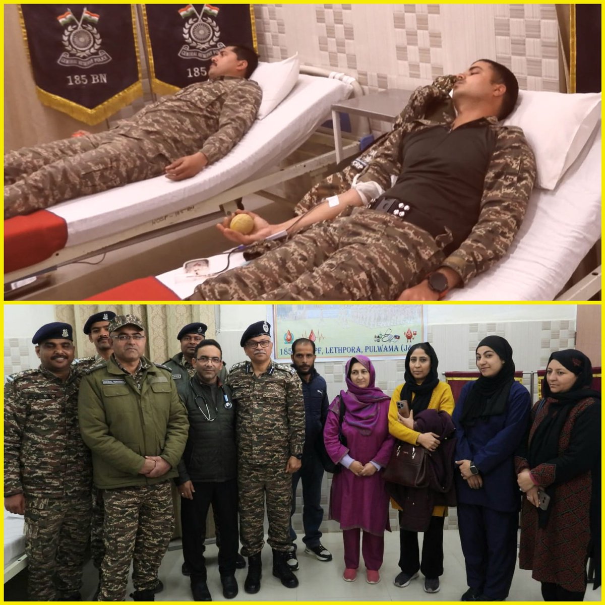 A Blood Donation Camp was organized by <a href="/185Bncrpf/">185BNCRPF</a>  Lethpora, Pulwama (J&amp;K) to commemorate 87th #crpfday in which volunteers of 185 Bn donated blood showcasing their dedication to national security and humanitarian service.
<a href="/crpfindia/">🇮🇳CRPF🇮🇳</a> 
<a href="/igpnscrpf/">CRPF Northern Sector</a> 
<a href="/KOSCRPF/">Kashmir Ops Sector, CRPF</a>