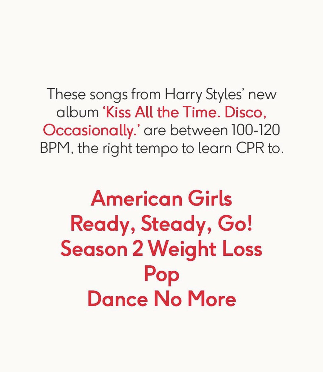 💚 The British Heart Foundation pointed out that 5 songs from KATTDO are between 100 and 120 BPM, perfect tempo for learning CPR! American Girls, Ready Steady Go, Season 2 Weight Loss, Pop &amp; Dance No More could actually save a life!

#harrystyles #KATTDO #cpr

📷 the_bhf on IG