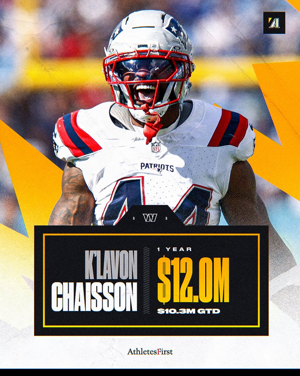 AthletesFirst's tweet image. K'Lavon Chaisson ➡️ @Commanders 

K'Lavon Chaisson has agreed to a 1 year, $12.0M contract with the Washington Commanders 🔥

#A1Family