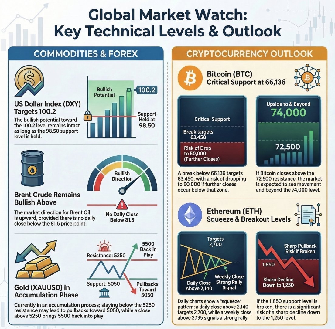 bahoretti's tweet photo. Markets are at critical decision points right now.

₿ BTC holding 66,136 — break below targets 50K
⧔ ETH squeezing — 2,140 is the line in the sand
🟡 Gold accumulating below 5,250
🛢️ Oil bullish above 81.5

What are you watching this week? 👇

#Crypto #Bitcoin #Gold #Brent https://t.co/pqqgrm0OkL
