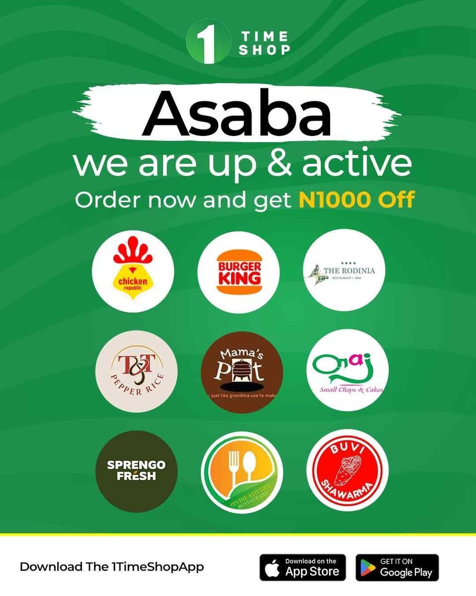 1timedotshop's tweet photo. Asaba, we’re live and ready!
Enjoy your favorite meals from top restaurants on 1TimeShop and get ₦1000 OFF your order when you order now.

Great food, fast delivery, and amazing deals — all in one app.

Order now and taste the convenience.

#1TimeShop #AsabaEats https://t.co/ak4VnmfFbh