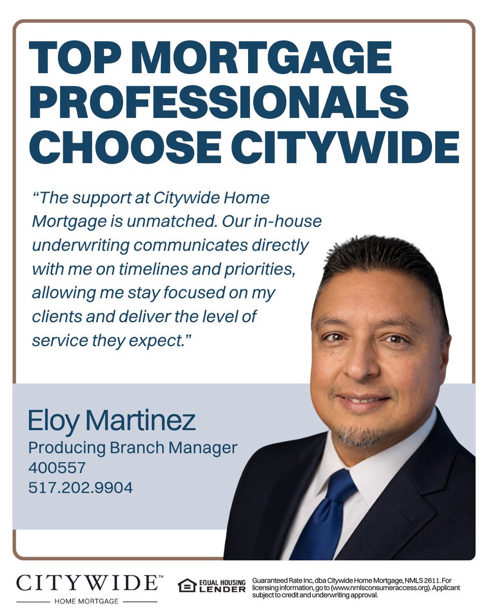 John_Cady's tweet photo. “The support at Citywide Home Mortgage is unmatched. In-house underwriting keeps me aligned on timelines so I can stay focused on my clients.” — Eloy Martinez
More support. More success. We’re hiring top mortgage pros. Learn more: https://t.co/eT5c8GzbUa https://t.co/tPnilagw4l