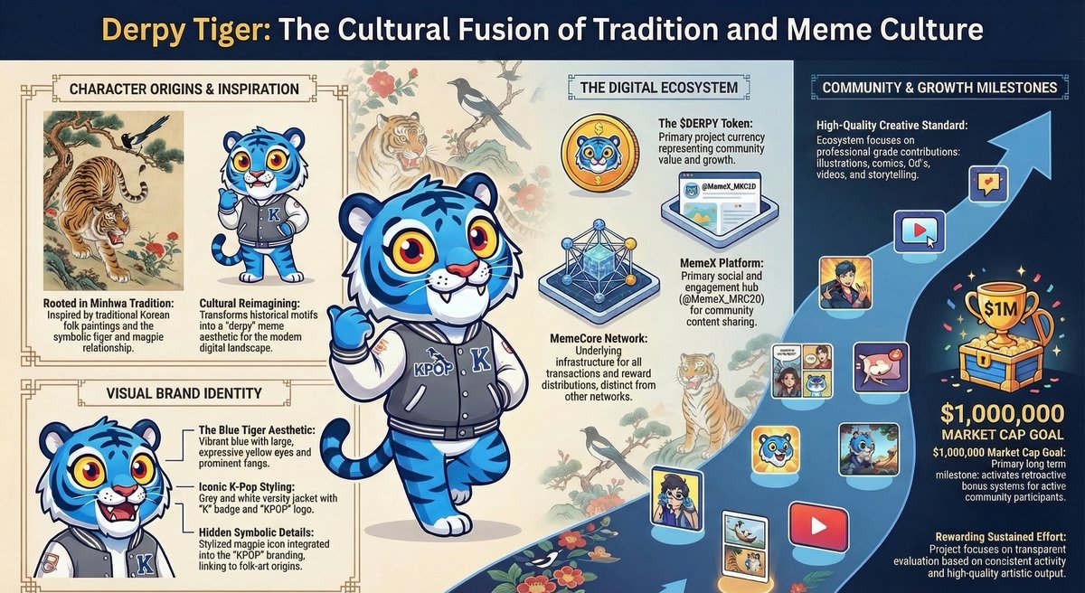 "🐯 Exploring the fusion of traditional Korean Minhwa art &amp; modern K-Pop swag with Derpy Tiger! 🎨💙 Proud to be a part of the #MemeCore ecosystem and #MemeX community. Let's bring this derpy energy to the moon! 🚀
My Entry for Week 6 Content Contest: 
<a href="/MRC20_Derpy/">Derpy Tiger</a>